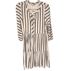 Beeson River Black White Stripe Tie Neck Tiered Midi Dress Large